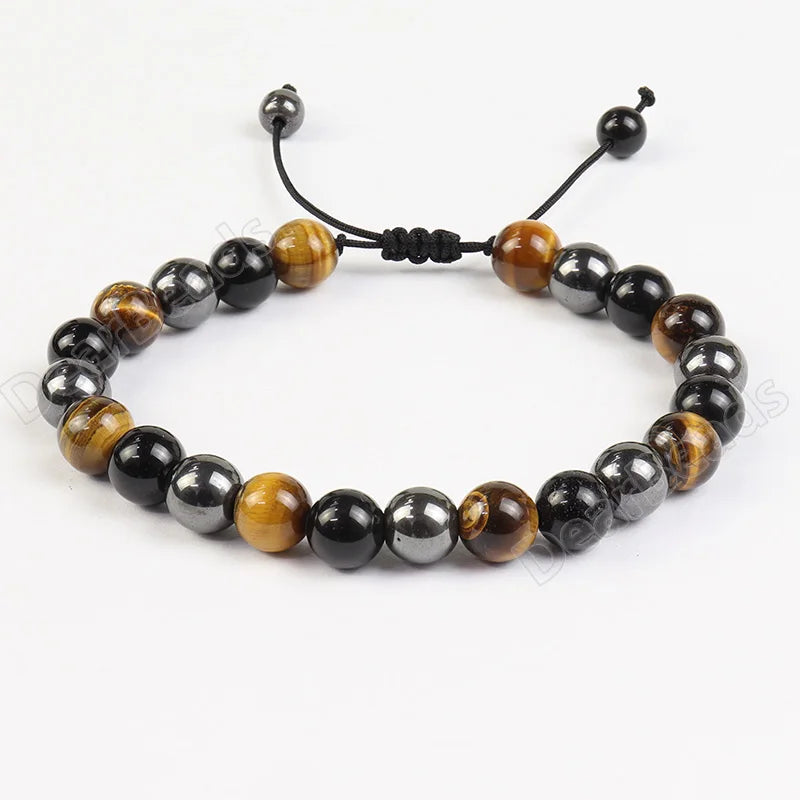 Natural Healing Adjustable Triple Protection Bracelet Hematite Tiger Eye Black Obsidian Gemstoe Crystal Bracelets for Men Wom