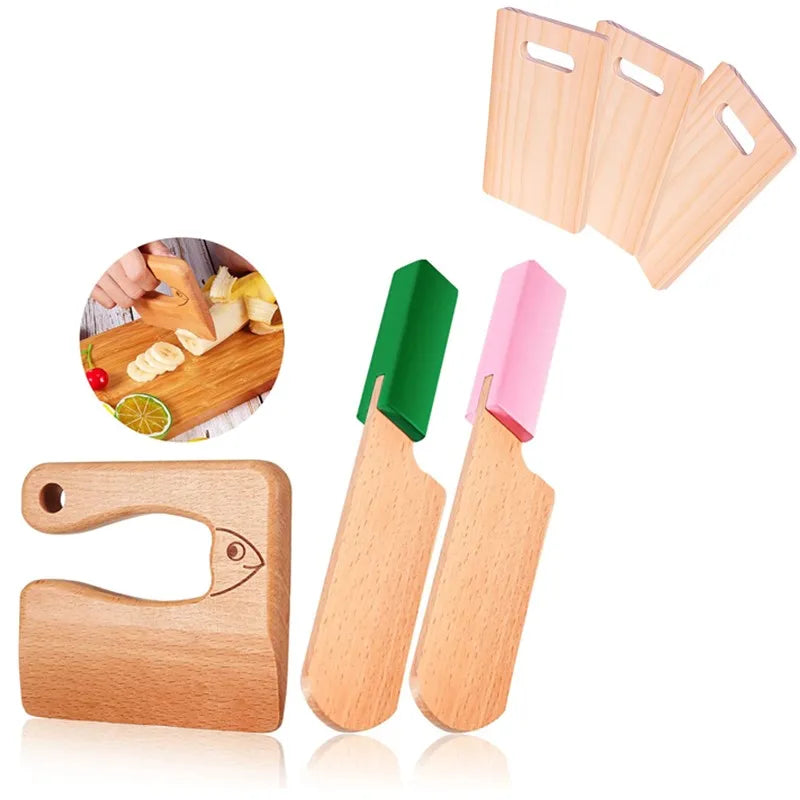 Montessori Educational Cooking Utensils Tools Wood Knife Toy Toddler Kids Safe Play Kitchen Knives Set for Real Cooking