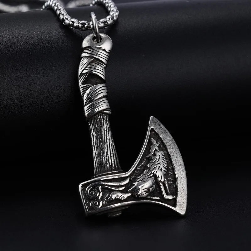 Vintage Rune Amulet Stainless Steel Axe Pendant Necklace Men's Jewelry Gift
