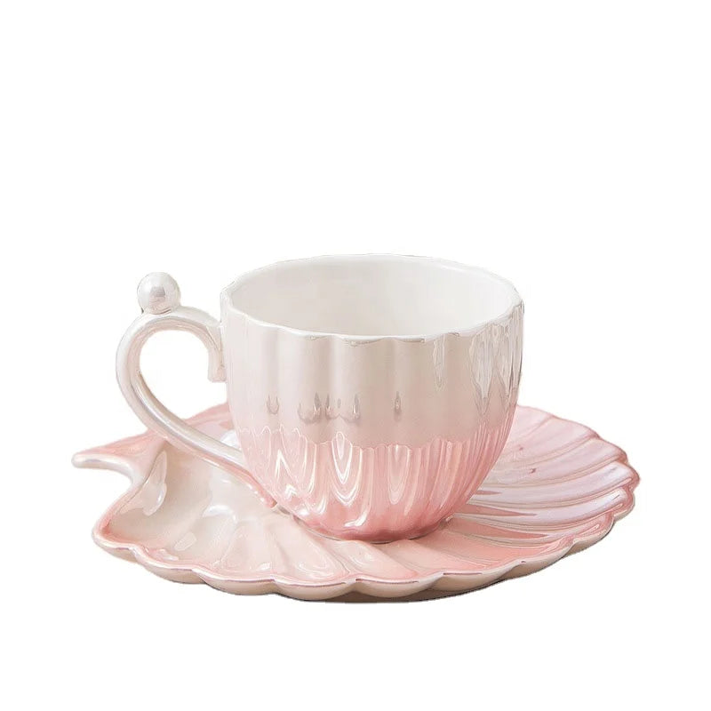 Custom Logo Gradient Pearl Shell Coffee Creative Milk Cup With Tray Saucer Ceramic Gift Ins Afternoon Tea Set Coffee Mug