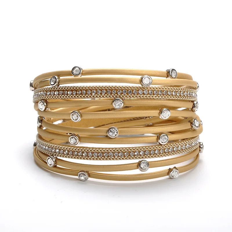 Women Leather Wrap Bracelet Stud Beads Crystal Cuff Bracelets Jewelry for Ladies Girls