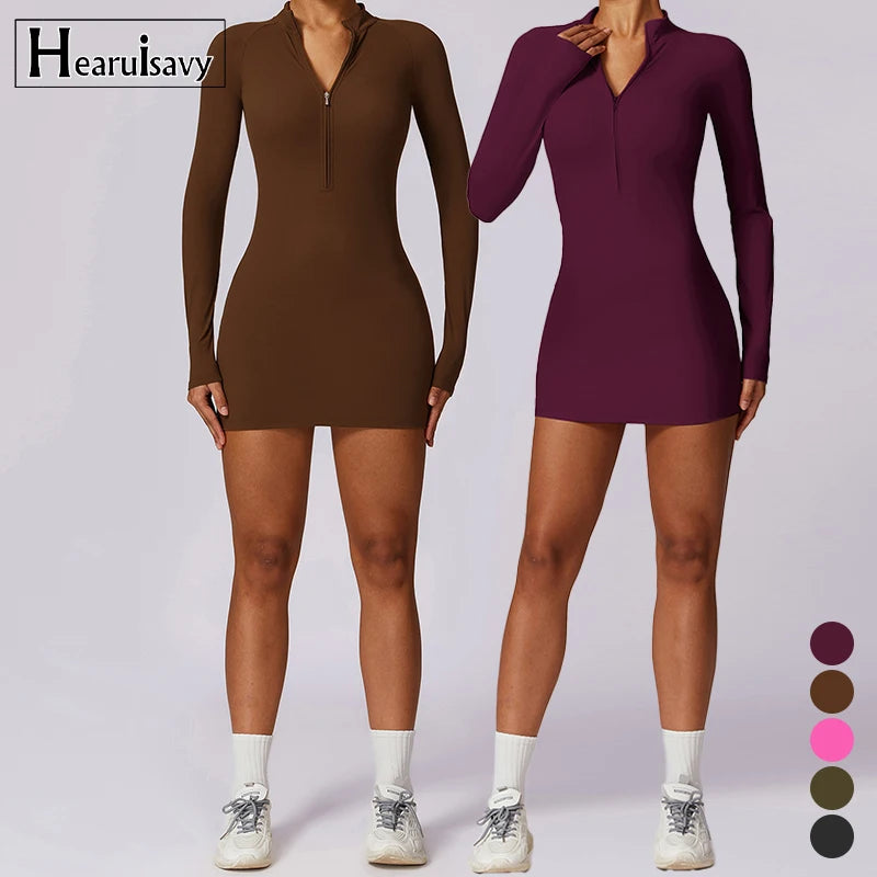 Zip Tight Solid Sports One Piece Dress Quick Dry Breathable Fitness Long Sleeve Yoga Casual Women's Nylon Spandex