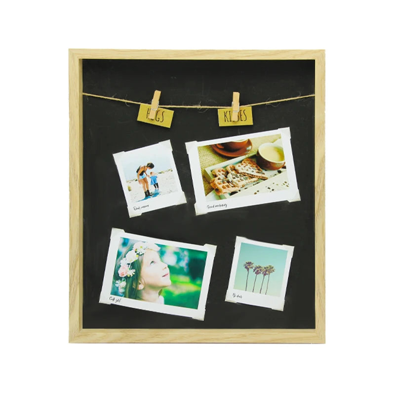 Wooden Shadow Box Photo Frame with String & Clips Black Chalkboard Background Memory Display Board for Wall Decor DIY Picture