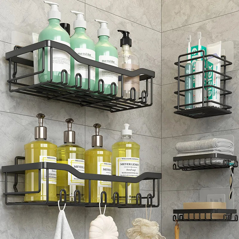 5 Pack Shower Caddy Multifunctional Wall Mounted Black Metal Bathroom Shelves Kitchen Seasoning and Tableware Storage Rack