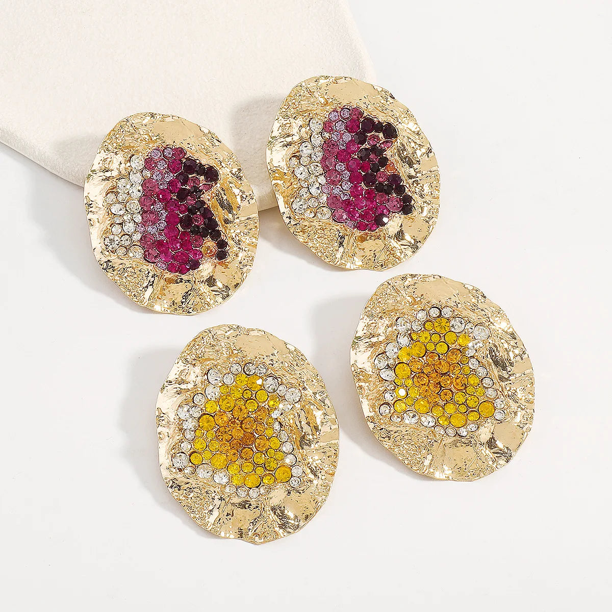 Statement Gold Plated Fold Geometric Earrings Jewelry Large Bling Rhinestone Oval Shaped Earrings for Women