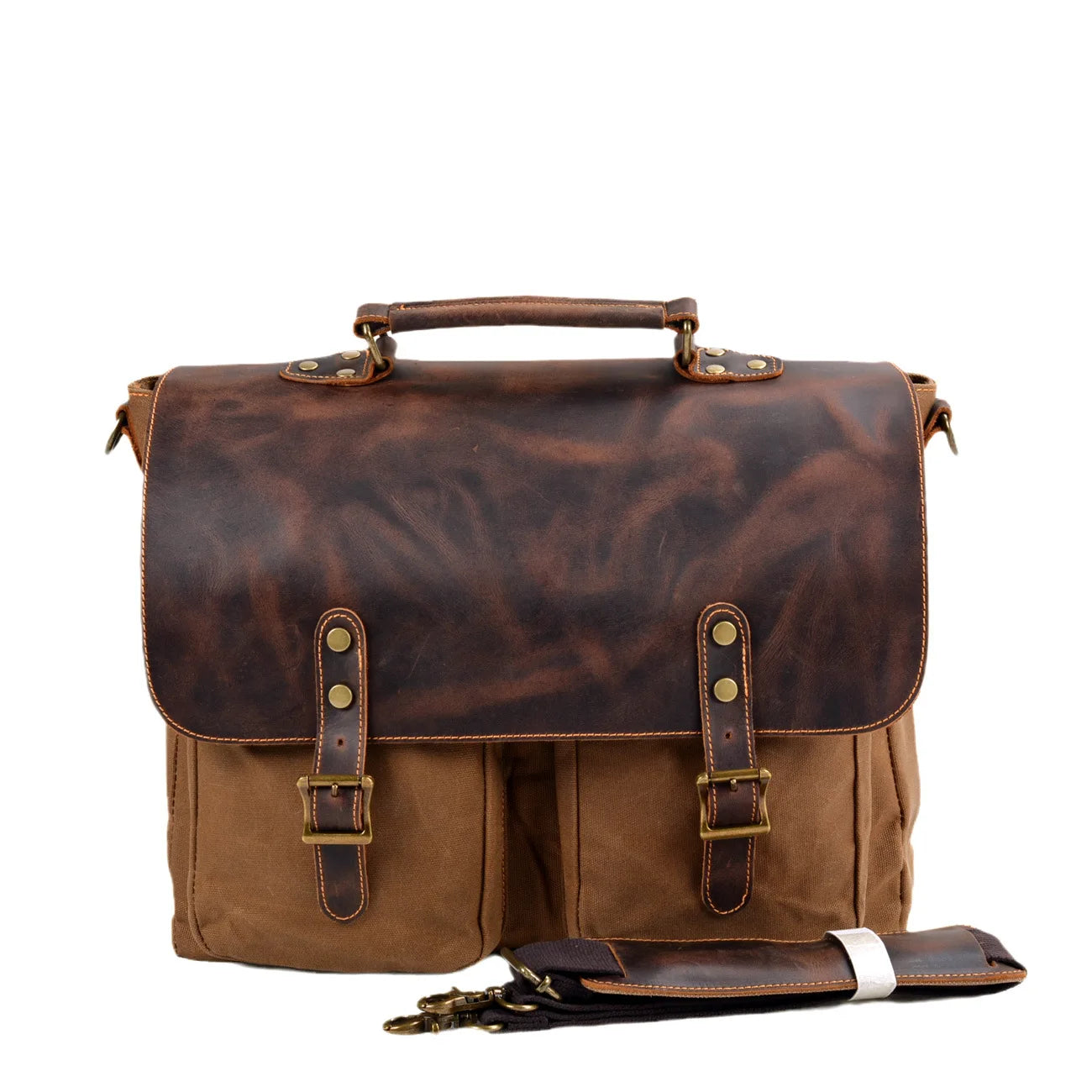 Vintage Waxed Canvas Cowhide Leather England Style Men's Messenger Shoulder Bag Embossed Leather Logo Durable Canvas