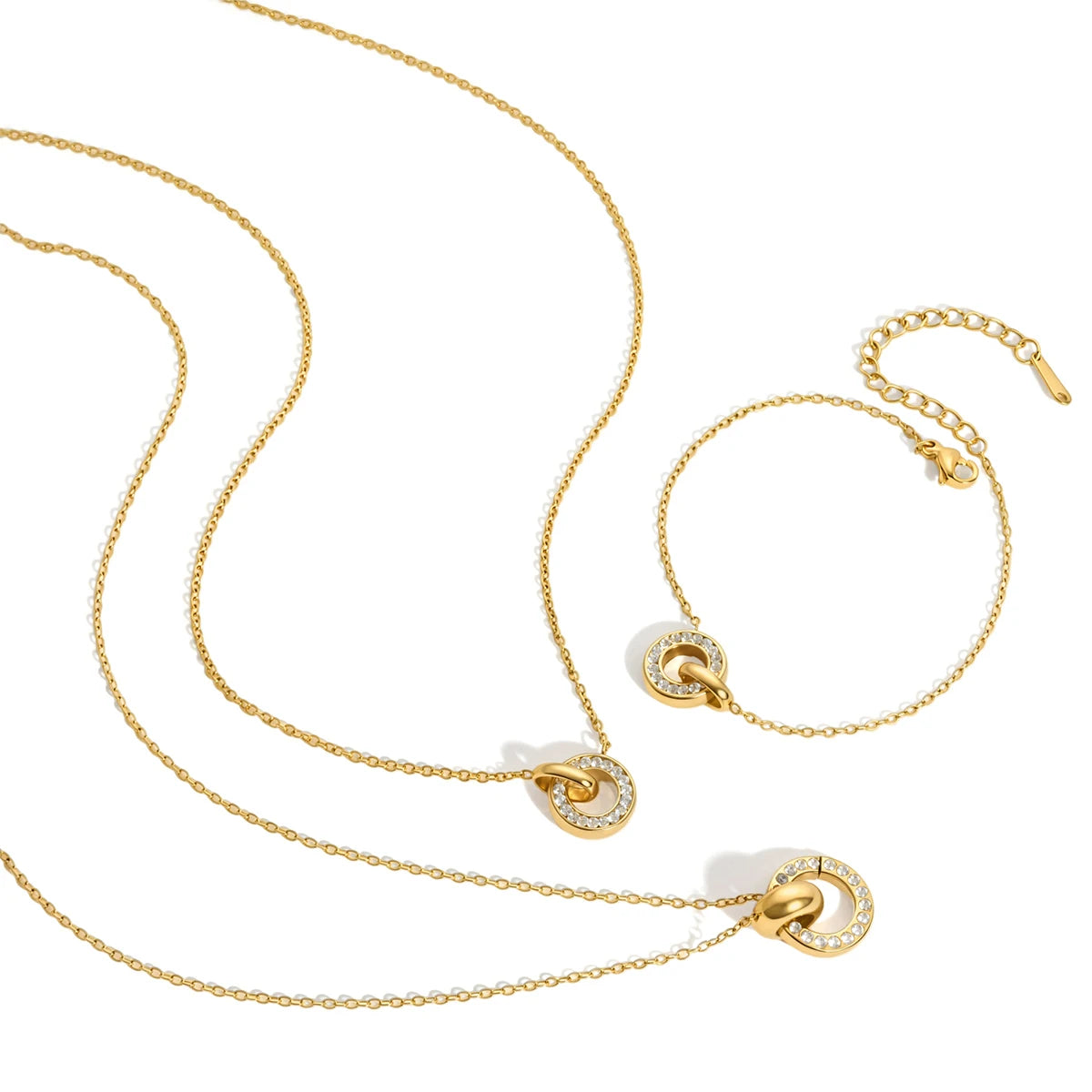 J&D Interlocking Double Circle White CZ Stainless Steel 18K Gold Plated Classic Statement Necklace Gift for Women Daily Jewel