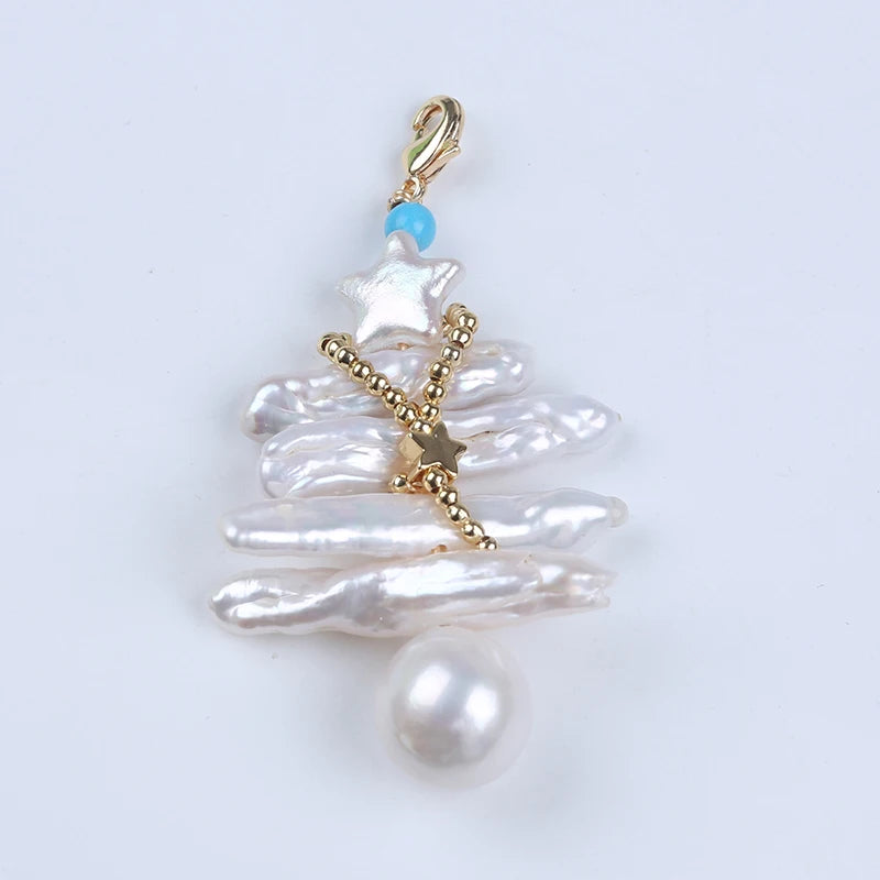 Handmade Christmas Tree 12-13mm Freshwater Biwa Round Pearl Earring Necklace Pendant