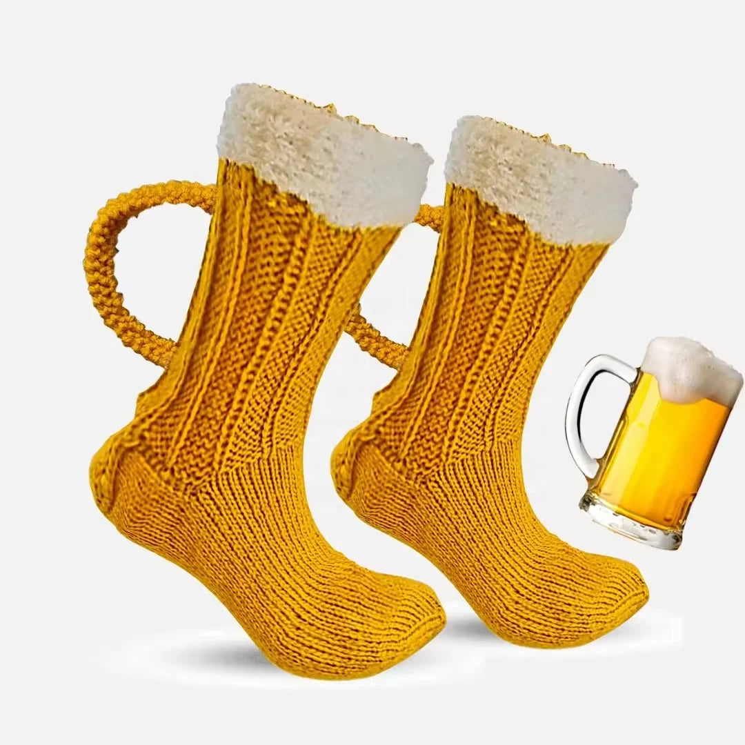 Wholesale Crazy Yellow Knitted Crew Socks for Men Creative 3D Beer Mug Pattern Novelty Funny Casual Cartoon Design for Spring