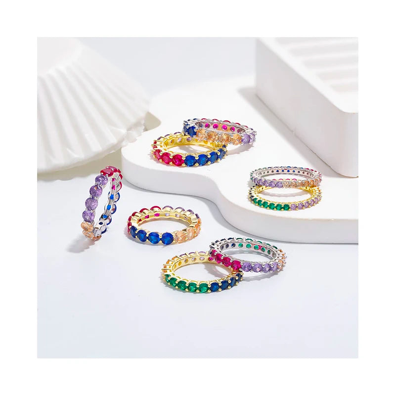 Minimalist Engagement Wedding Ring Solid 925 Sterling Silver Gold Rainbow Gemstone Diamond Custom Stackable Eternity Band Rin