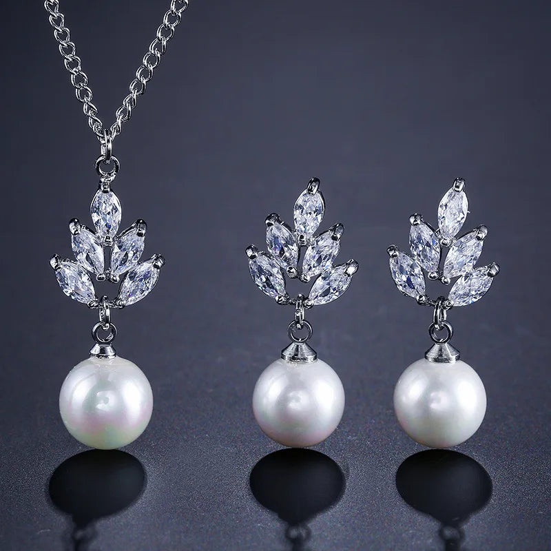 Wholesale Jewellery Cubic Zircon Imitation Pearl Jewelry Set 18K Gold Plated Peal Pendant Necklace Earrings Set