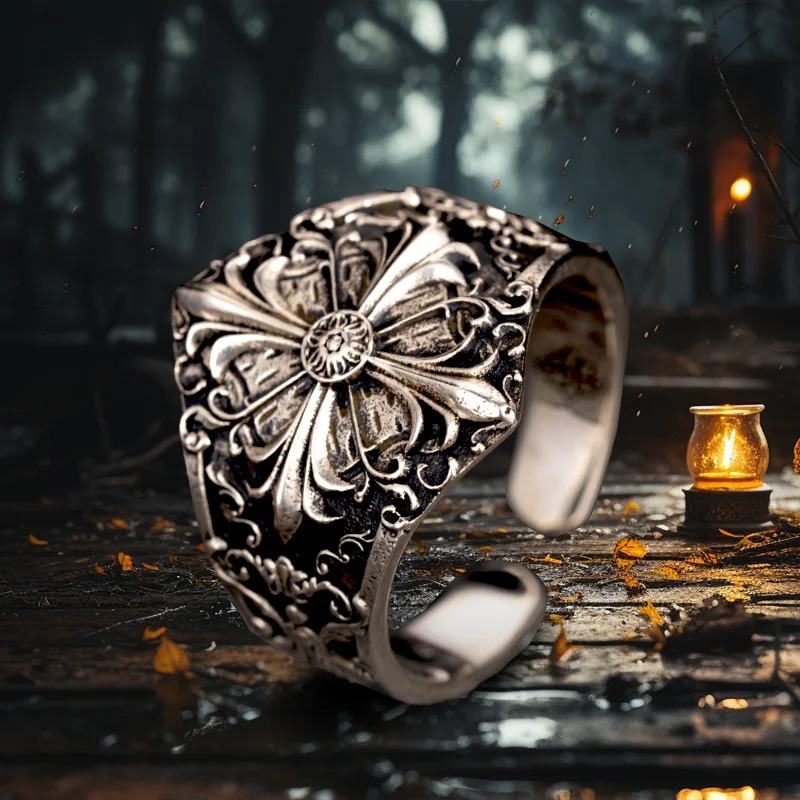 Baroque Carved Punk Men's Ring Special Floral Design Viking Fashion Jewelry 925 Sterling Silver Gothic Couple Ring for Lovers