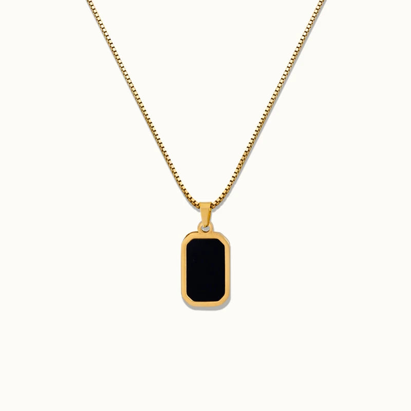 Fashion Jewelry 18K Gold Plated Black Enamel Square Necklace Stainless Steel Rectangle Pendant Necklace for Women