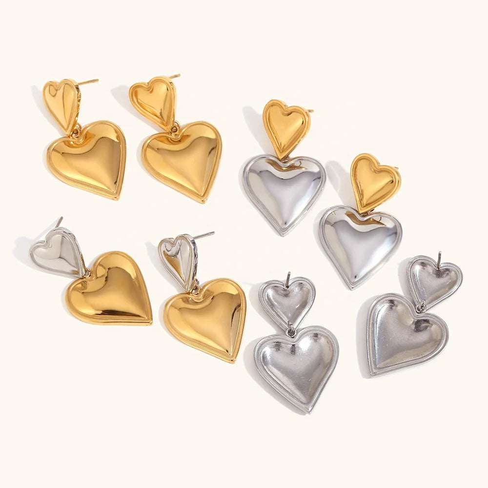 Dingran New 316L Stainless Steel Two Heart Drop Earrings 18K Gold Plated Tarnish Free Waterproof Unisex Jewelry