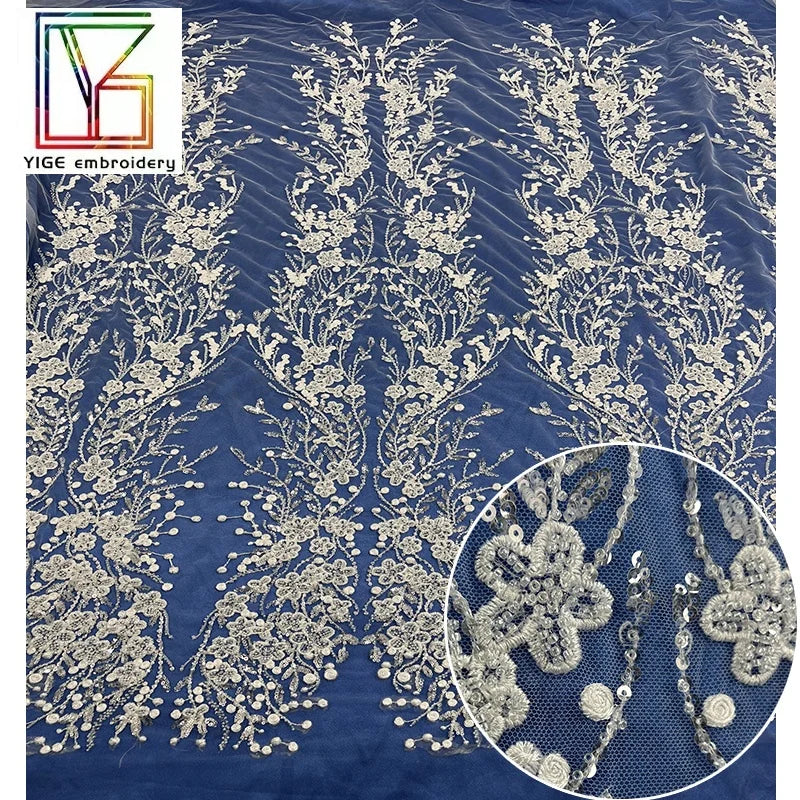 Luxury Bridal 3d Flower Embroidery Sequin Mesh Lace Fabric French White Wedding Beaded Tulle Lace Fabric for Dresses Women
