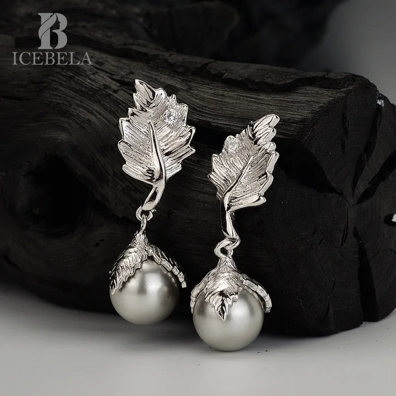 ICEBELA Jewelry Niche Design 925 Sterling Silver Stud Earring Vintage Handmade Leaf Shape Shell Beads Drop Earrings for Girls
