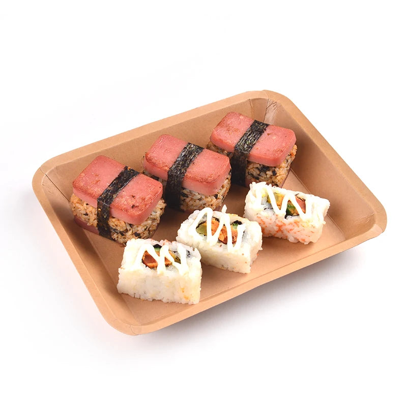 Disposable Eco-Friendly Kraft Paper Food Tray Oil & Waterproof Fast Food Tray with Matt Lamination & Embossing for Sushi