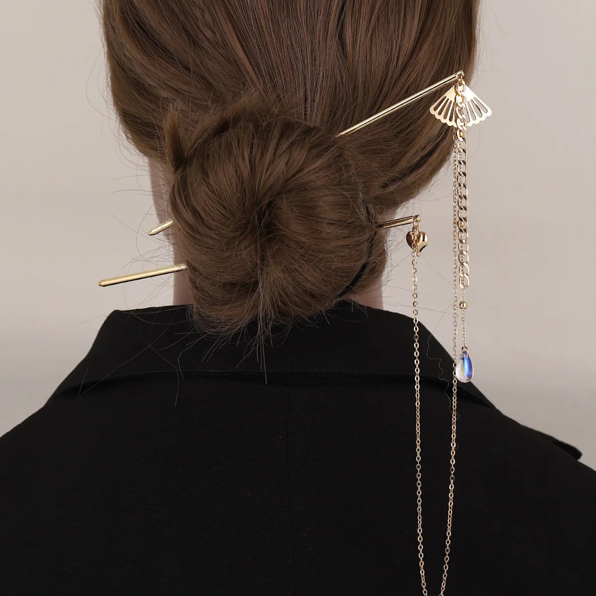 Retro Heart Pendant Water Drop Crystal Hair Stick Head Ornament Back Head Long Tassel Fan-shaped Hairpin