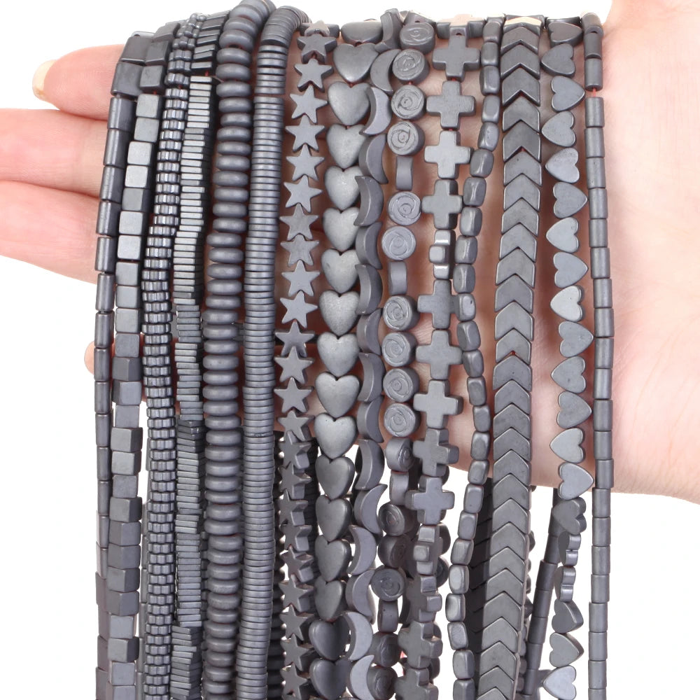Natural Stone Beads Matte Black Hematite  Moon Square Star Shape Spacer Loose Beads for Jewelry Making DIY Bracelet Accessori