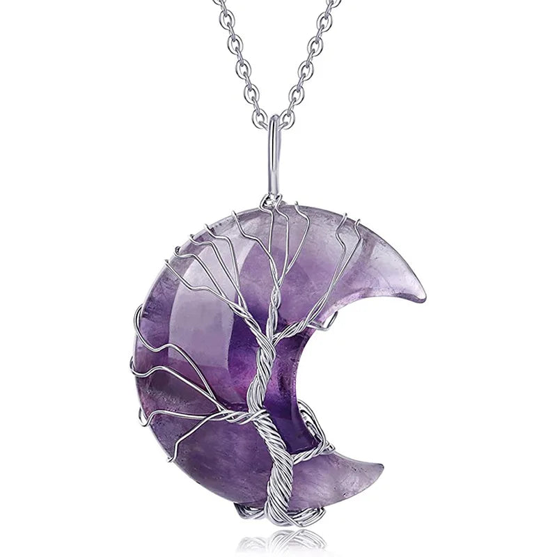 Tree of Life Crescent Moon Silver Plated Zinc Alloy Pendant Necklace with Natural Healing Crystal Quartz Stone for Unisex Wea