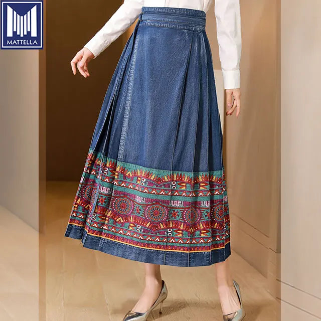Premium Vintage Breathable Natural Waist Lightweight 100% Blue Women's Loose A-Line Floor-Length Denim Skirt