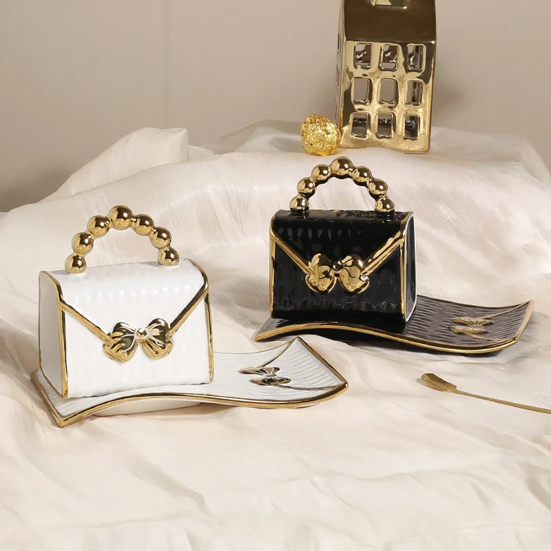 Wholesale European Light Luxury Beaded Bag Ceramic Coffee Mug  Exquisite Gold Afternoon Tea Cup Set