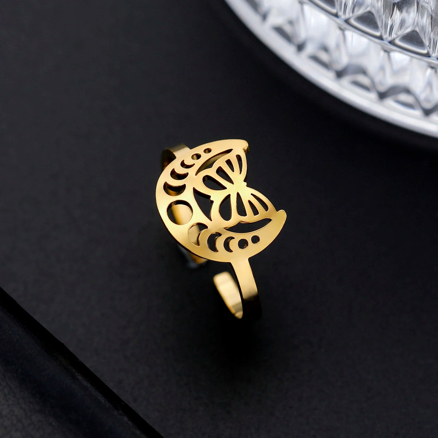 Fashion Stainless Steel Moon Open Rings for Women Branch Celtic Butterfly Palm  Yoga Finger Rings Jewelry
