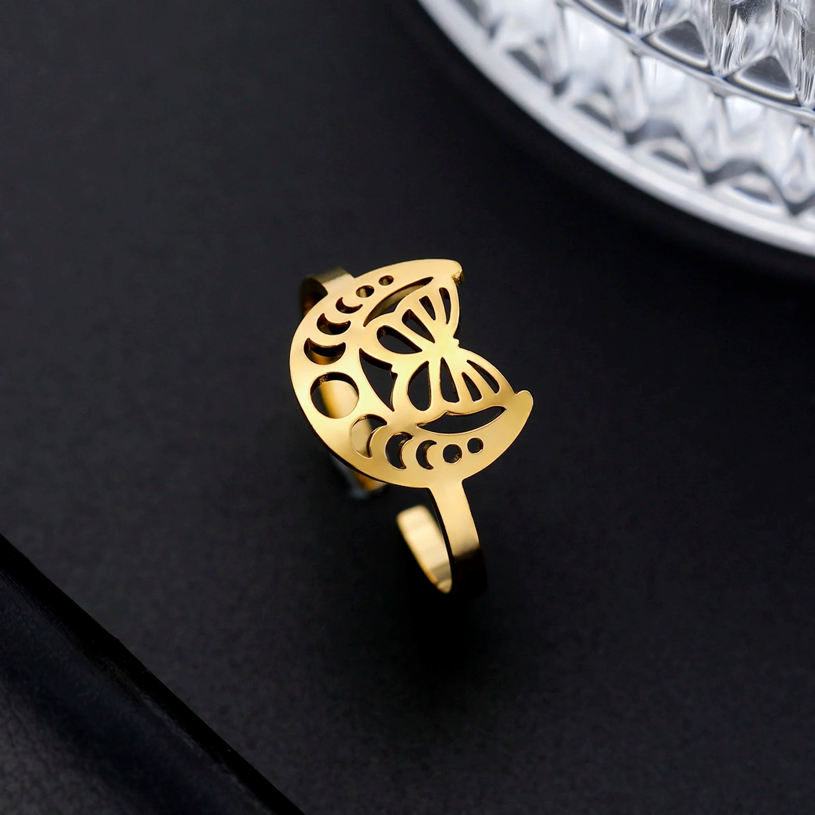 Fashion Stainless Steel Moon Open Rings for Women Branch Celtic Butterfly Palm  Yoga Finger Rings Jewelry