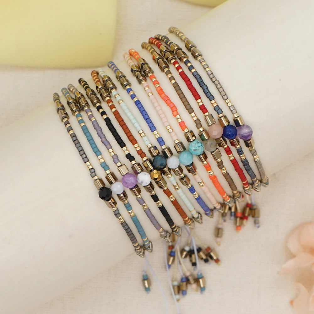 Boho Style Hot Sale Miyuki Natural Semi-precious Stone Amber Woman Bracelet As Fashion Gift Black Gallstone Bracelet