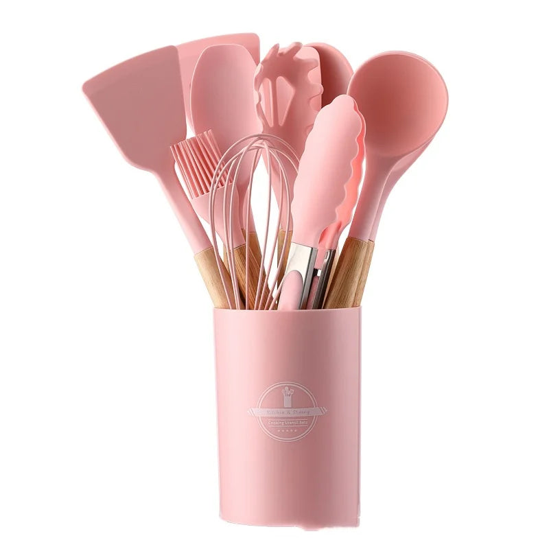 Factory Price Colorful 12 Piece Kitchen Tool Scoop Set Stainless Steel Silicone Utensils Home Kitchen Wood Handle Cooking Set