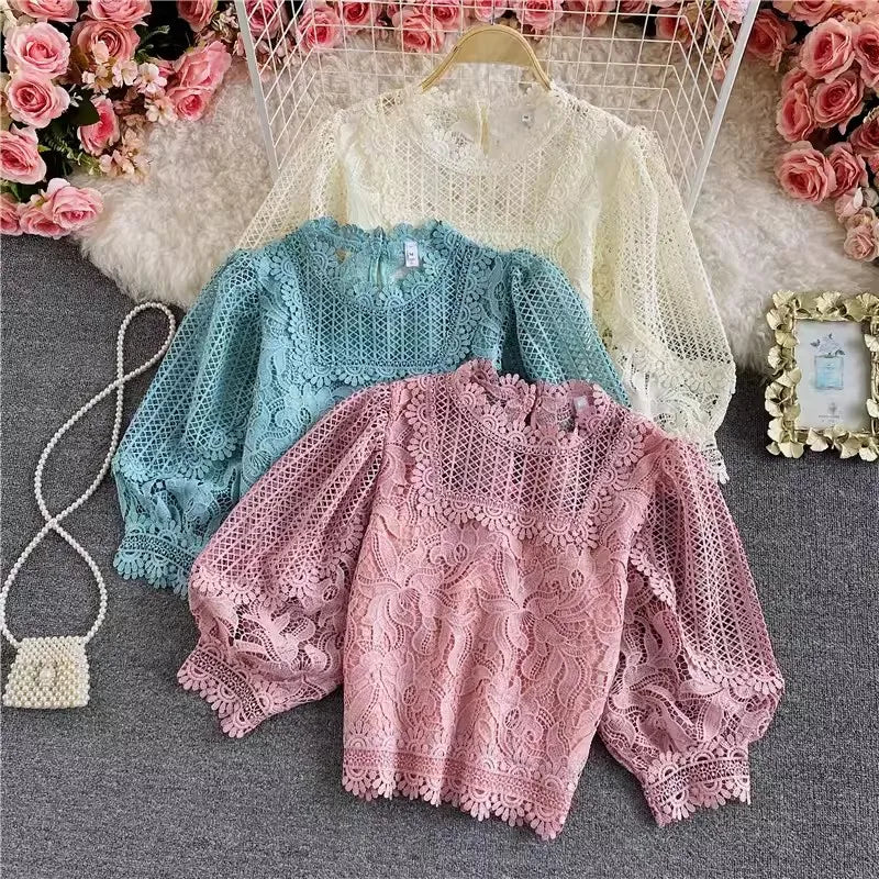 Vintage Style  Panel Standing Neck Top Hook Flower Hollow Short Lace Shirt