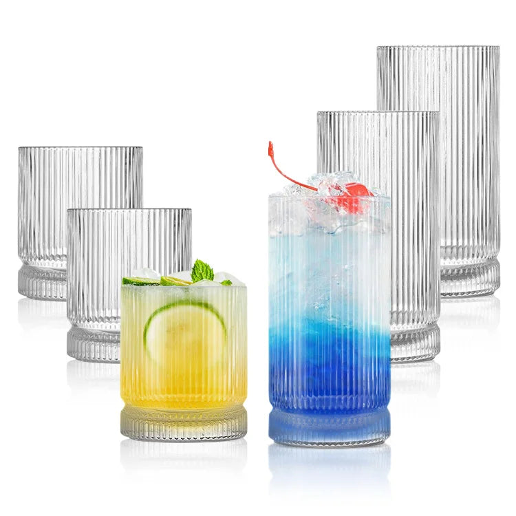 12 Pcs Ribbed Glass Cup Vintage Glassware Clear Cocktail Drinking Glasses Set Highball Glass Ripple Bar Beverages Ice Coffee 