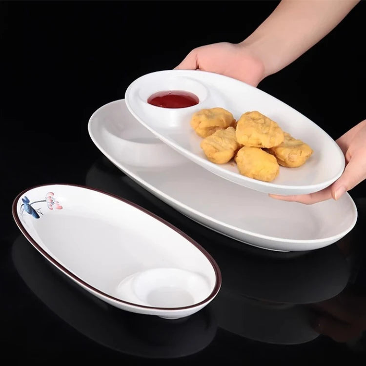 Melamine Plate Restaurant Plates White 2 Section Dishes Dumpling Dishes with Sauce Dishes Unbreakable Oval Plastic Plates