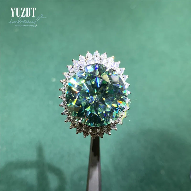 Silver 925 Original 15 Carat Brilliant Cut Genuine Diamond Test Past Blue Green Moissanite Wedding Ring for Women Fine Jewelr