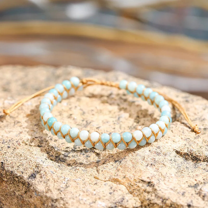 Double Layers Woven Jewelry Natural a Grade Amazonite Crystal Jade Stone Adjustable Handmade Yoga Beaded Wrap Bangle Bracelet