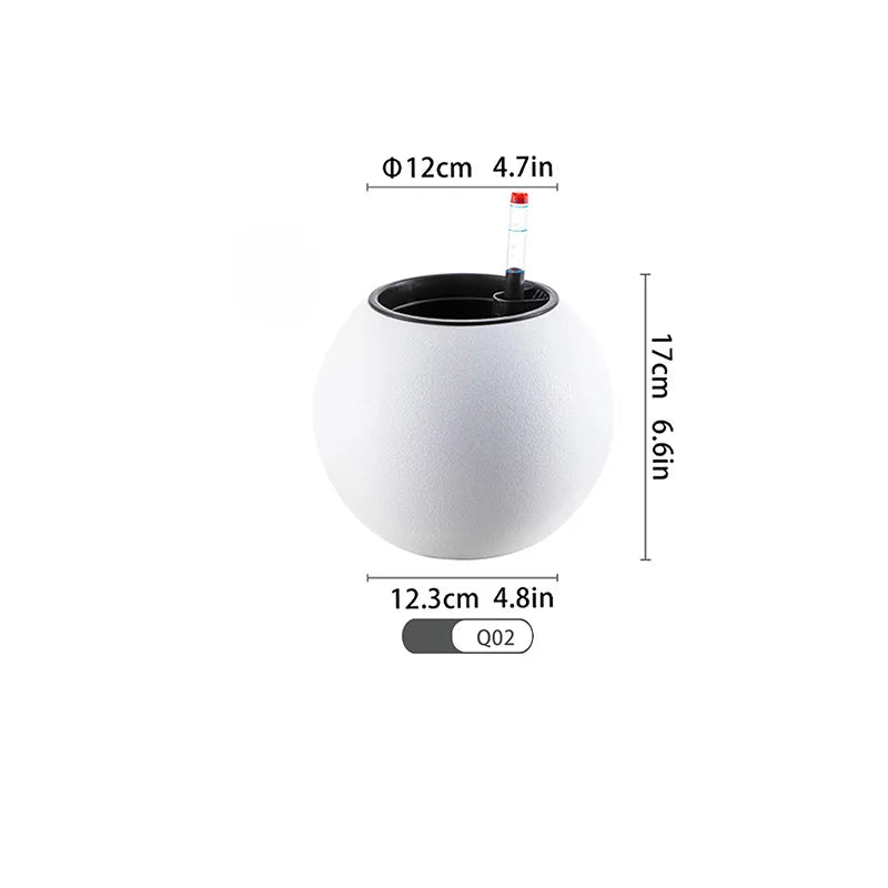 White Plastic Spherical Flower Pot with Self-Absorbing Watering System for Home and Tabletop Use