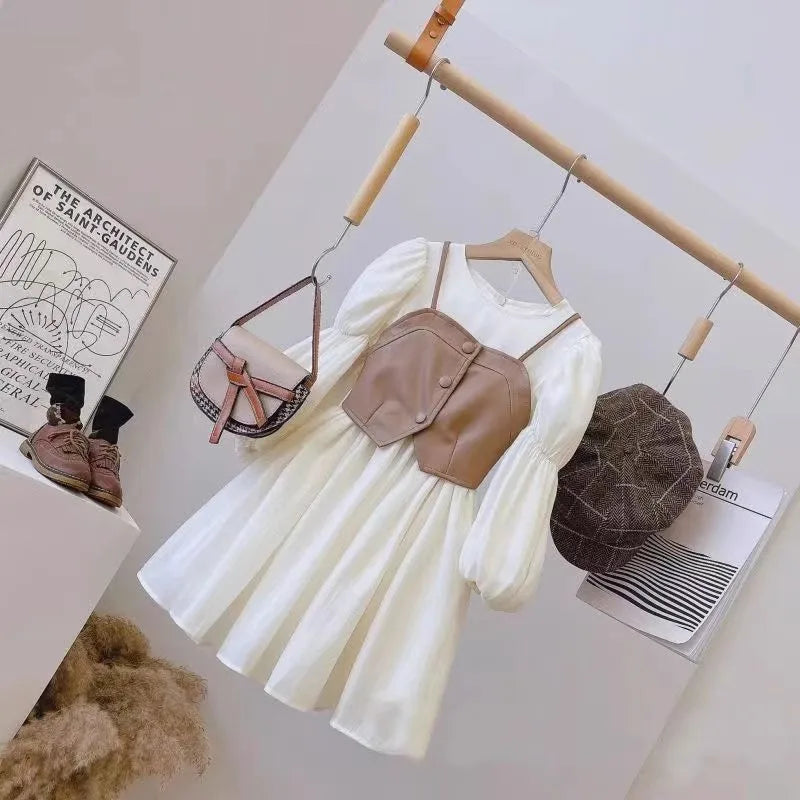 Girls Dress Autumn New 2025 Western Style Pu Leather Waistcoat + Long Sleeve Chiffon Dress Princess Dress Suit
