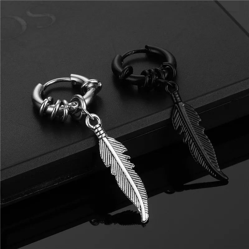Trendy Stainless Steel Retro Drop Earrings Long Feathers with Street Hip Hop Personality Fashionable Urban Style