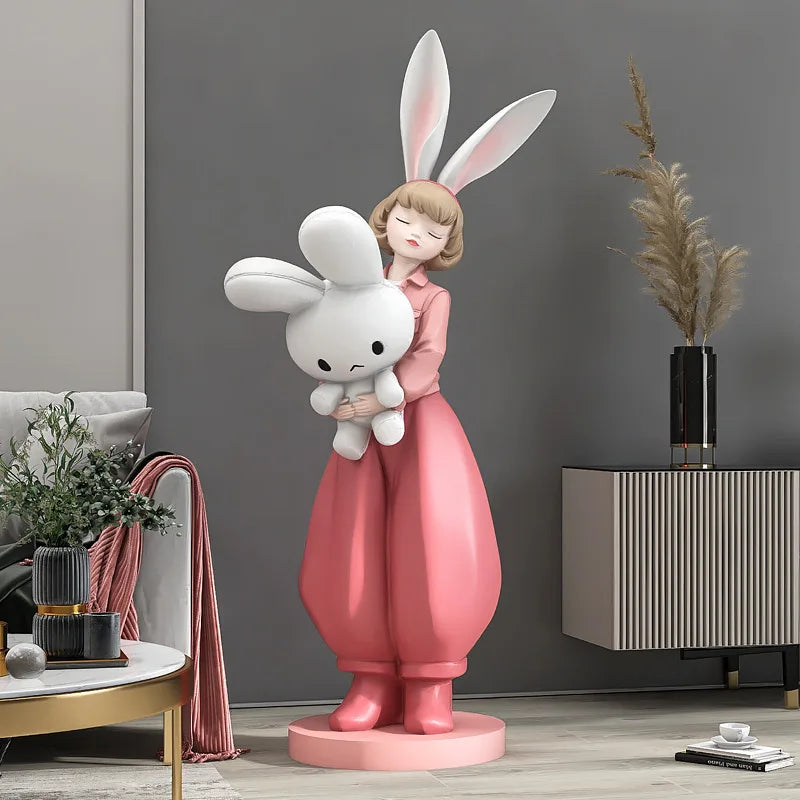 Dropshipping Rabbit Ears Girl Lift Size Large Sculpture for Home Decor Wedding Gift Girl Sculpture 95cm Resin Craft