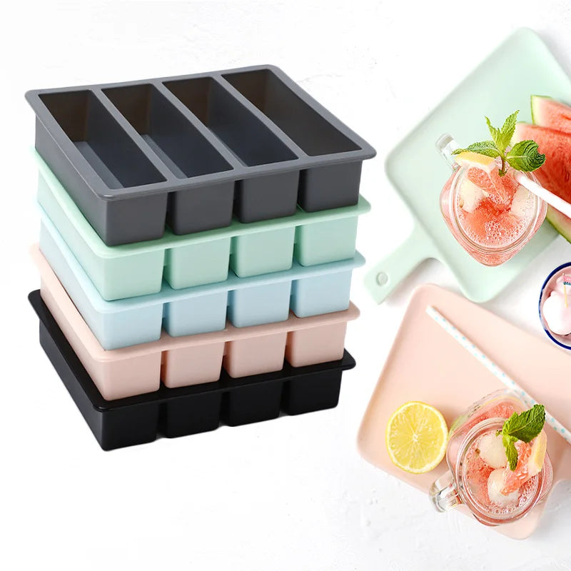 4 Cavity Long Strip Silicone Ice Cube Tray BPA Free Food Grade Butter Mold Stackable Freezer Tray Baby Food Storage Ice Bar M