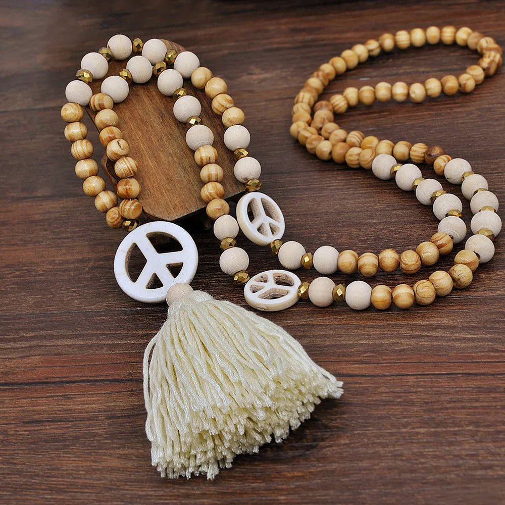New Arrivals Vintage Turquoise Bead Necklace Long Tassel Peace Sign Wood Beaded Necklace Women Jewelry
