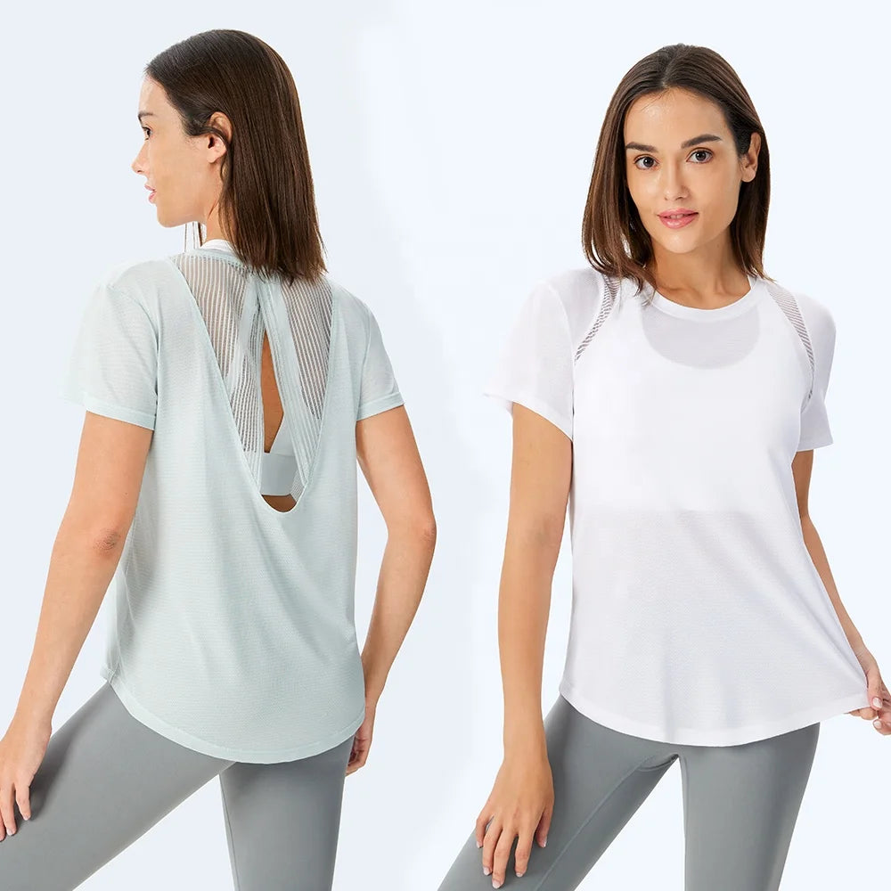 Four-side Stretch Mesh Back Moisture Wicking Breathable Cool Feeling Short-sleeved Yoga T-shirt Sports Fitness Quick Dry Clot