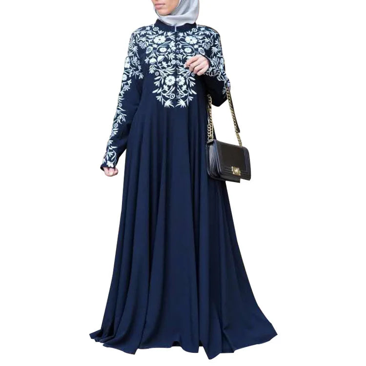 Maxi Size Top Button Closure Printing Flower O Neck Modest Clothing Muslim Classic Style Palestine Abaya