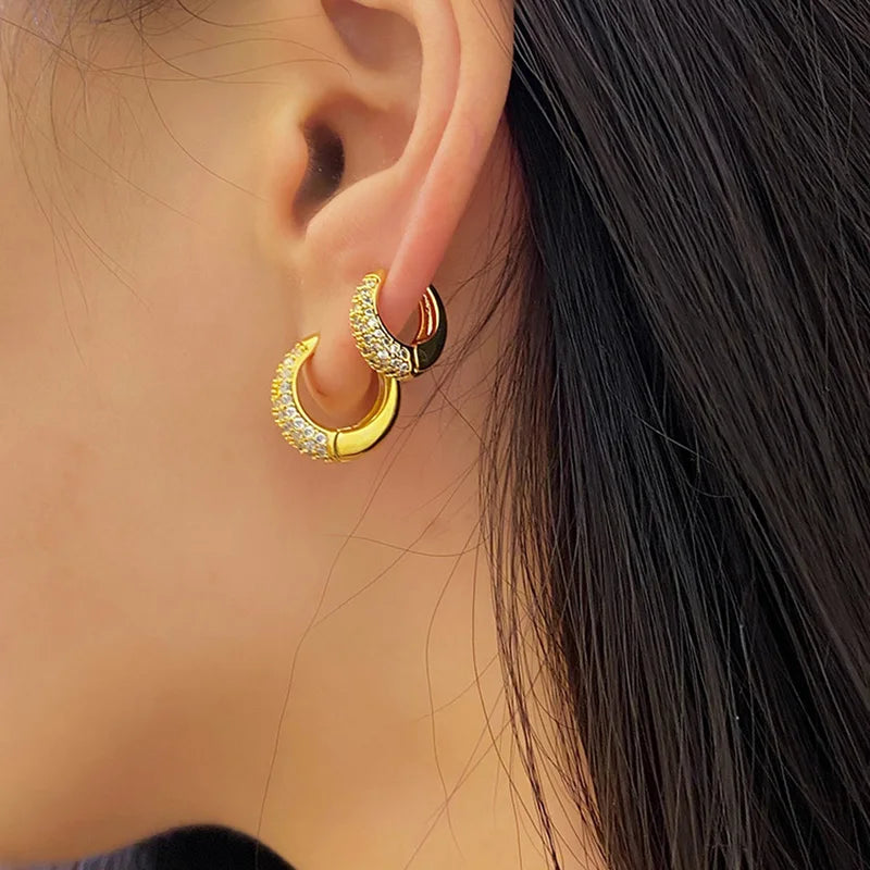 2 Sizes Super Shiny Zircon Small Hoop Earrings Circle Gold Plated Huggies Earrings for Women Romantic Luxury Korean Jewelry H