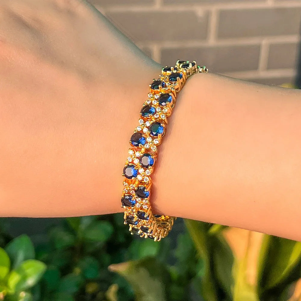 Dubai 18k Gold Filled Royal Blue Round Cubic Zirconia Crystal Women Luxury Bridal Big Bracelets for Brides Jewelry Accessorie