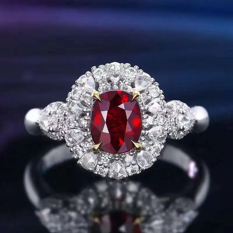 SGARIT Fine Jewelry Ruby Rings Women 18K White Gold 1.07CT Oval Cut Natural Ruby Ring AIGS Certified Ruby Gemstone Ring