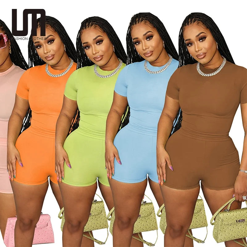 Custom Logo Fashion Women Causal Short Sleeve O Neck T Shirts High Waist Shorts 2 Pieces Set