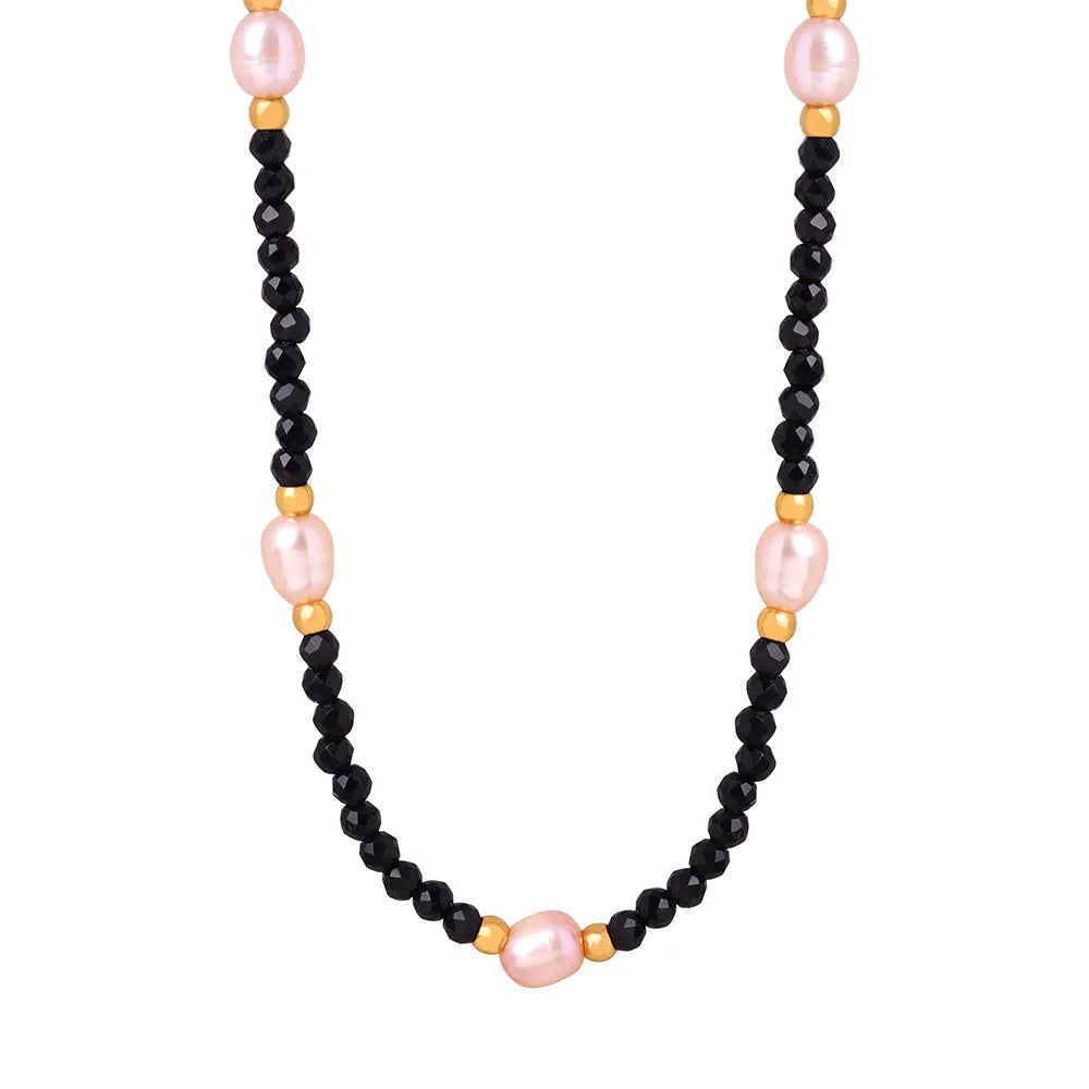New Arrival Bohemian Freshwater Pearl 18k Gold Plated Beads Necklace Black Natural Stone Beaded Stainless Steel Choker Neckla
