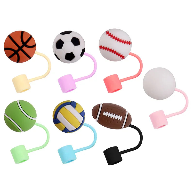Reusable Baseball Tennis Football Silicone Straw Covers Straw Toppers Sport 3D Straw Cover for Stanley