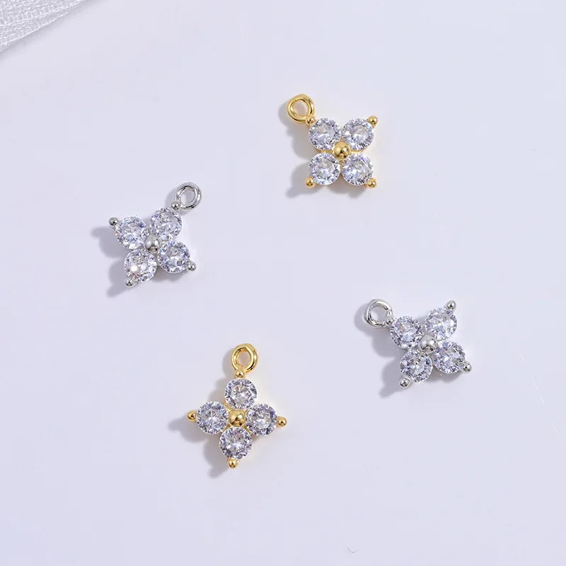 Fine 925 Sterling Silver Zircon Lucky Clover Zircon Single Hole Cross Charms for Jewelry Making 18k Gold Plated Charm
